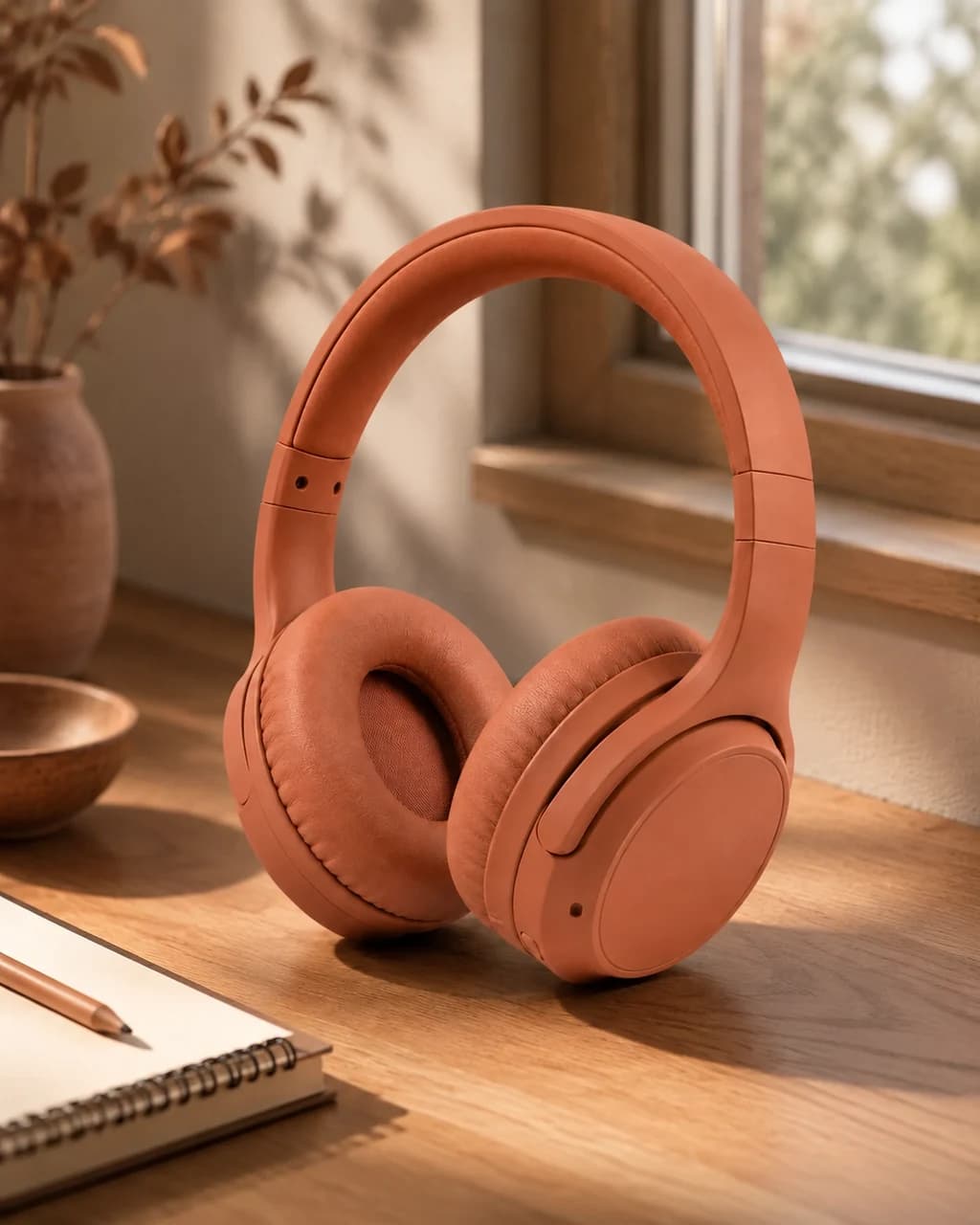 Actual generated lifestyle product photo of terracotta headphones