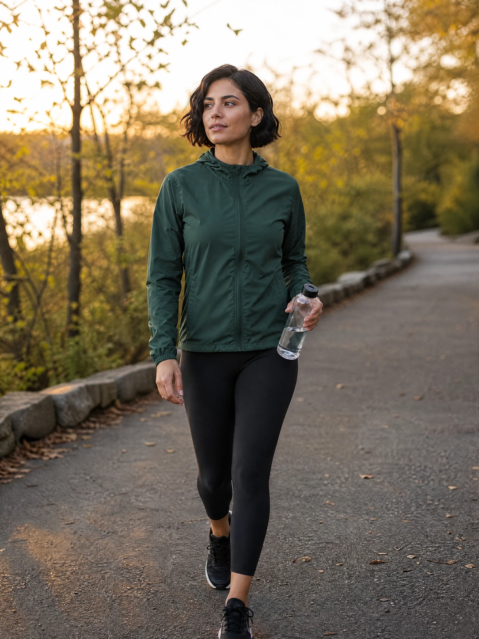 Distinctive fictional fitness creator walking outdoors with natural movement.
