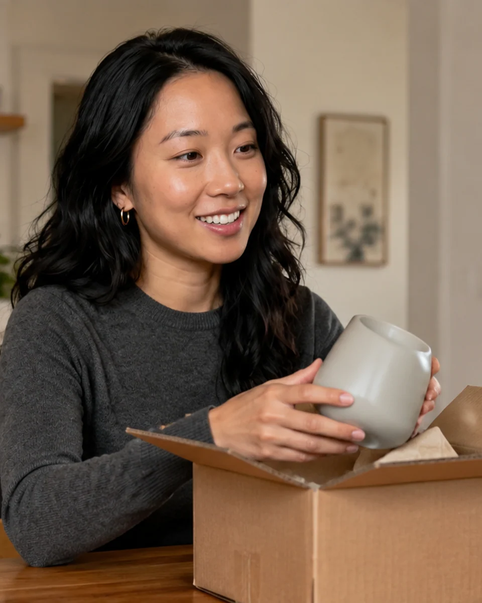 Fictional adult creator naturally unboxing a homeware product for social content.