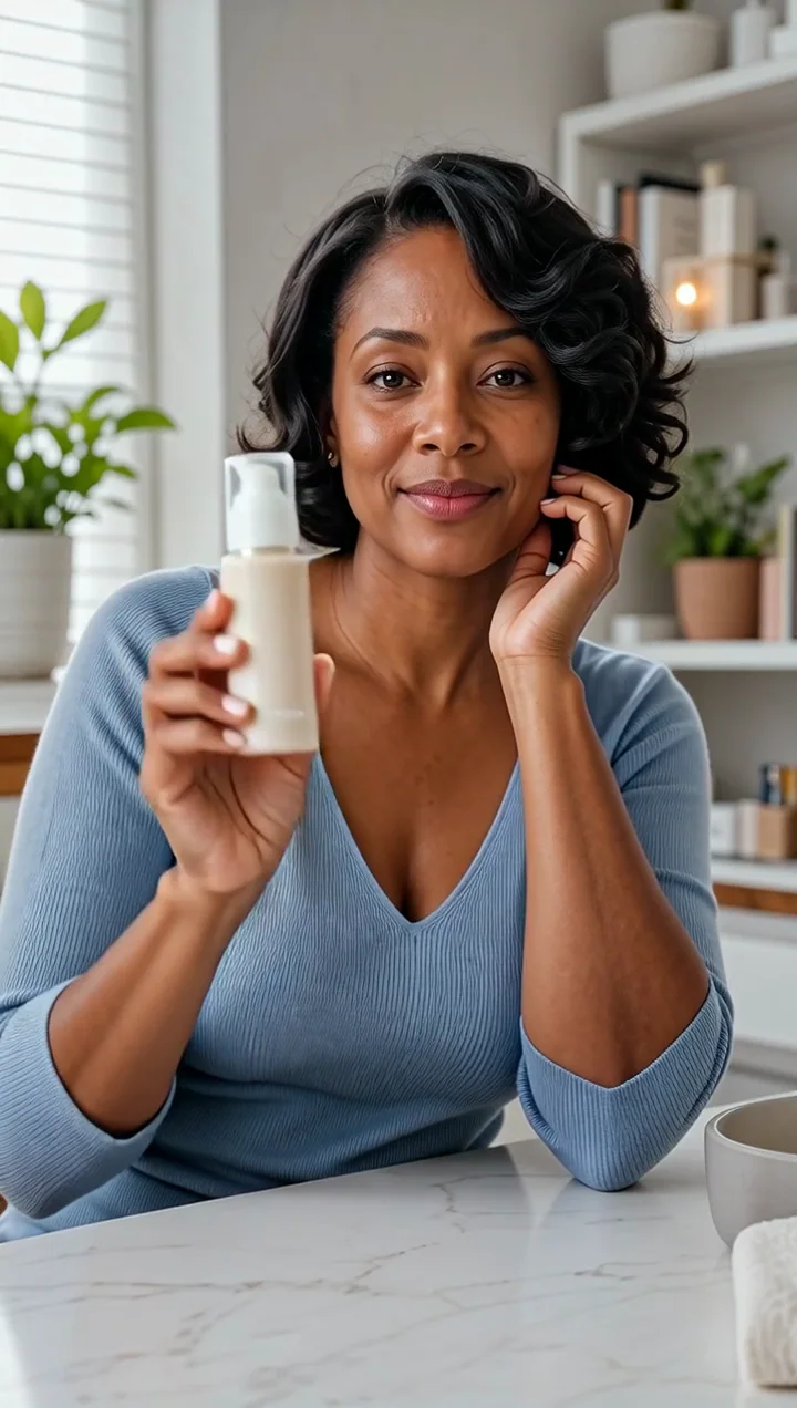 Fictional adult creator naturally presenting a skincare product to camera.