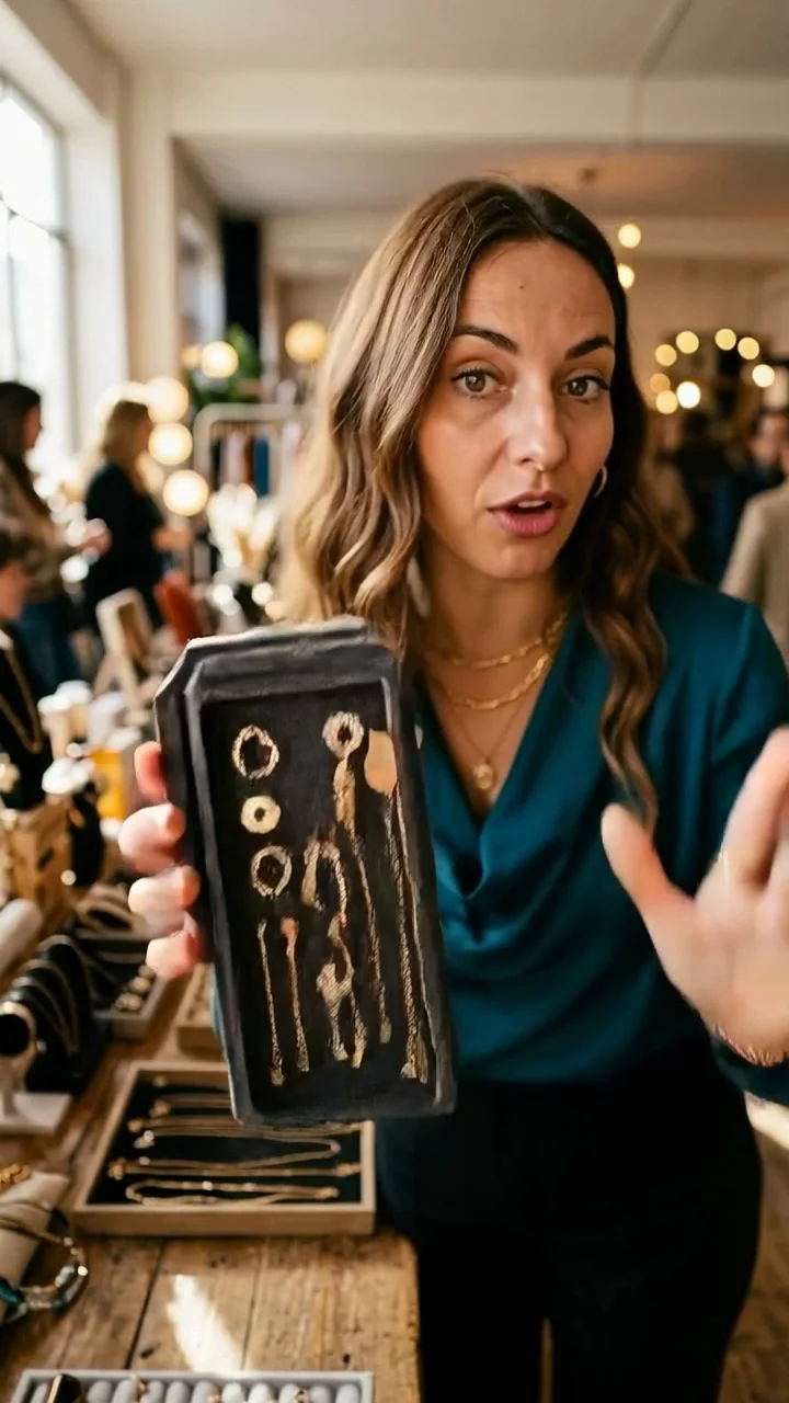Opening frame of a fictional creator presenting jewelry at a market.